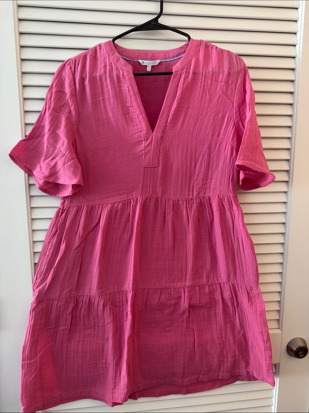 Southern Tide Linen Bright Pink Tiered V-Neck Tunic Dress